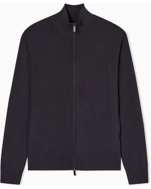 Emporio Armani Full Zip Chevron Stitch Cardigan - Blue
