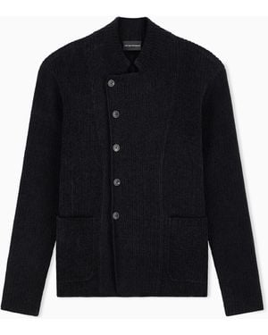 Emporio Armani Signature Capsule Collection Ribbed Knit Jacket With An Off-Centre Fastening - Blue