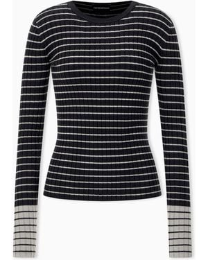 Emporio Armani Jersey Entallado De Canalé A Rayas Con Cuello Redondo - Azul
