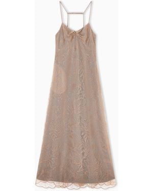 Emporio Armani Long Embroidered Tulle V Neck Dress - Natural