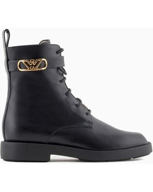 Emporio Armani Leather Lace-Up Ankle Boots With Icon Logo Strap - Black