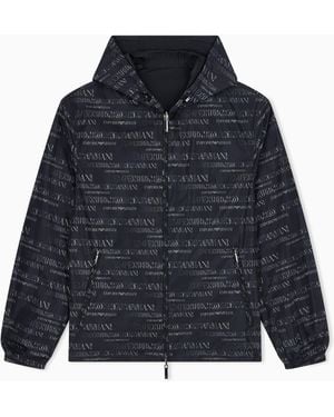 Emporio Armani Hooded Blouson Jacket With A Zip And An All-Over Print - Blue
