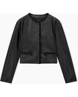Emporio Armani Cropped Leather Jacket With Braided Trim And Button Closure - Black