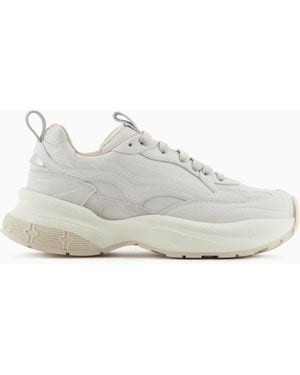 Emporio Armani Leather Trainers With Velvet Details And A Signature Logo - White