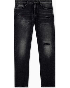 Emporio Armani Five-Pocket Jeans Slim Fit Distressed With Paint Splatters - Blue