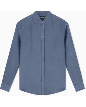 Emporio Armani Garment-Dyed Linen Shirt With Guru Collar - Blue