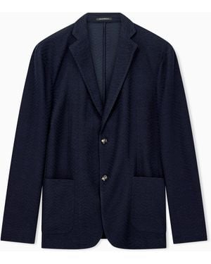 Emporio Armani Knit-Effect Jersey Blazer With Chevron Pattern Signature Capsule - Blue