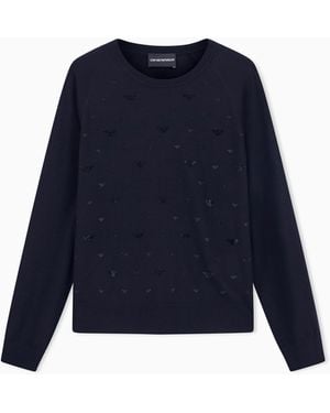 Emporio Armani Pull En Laine Vierge Rase Avec Micro-Strass - Bleu