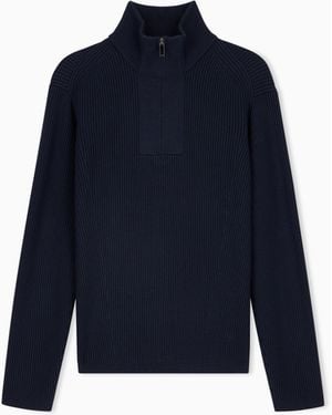 Emporio Armani Pullover De Punto Inglés En Lana Virgen Y Algodón - Azul