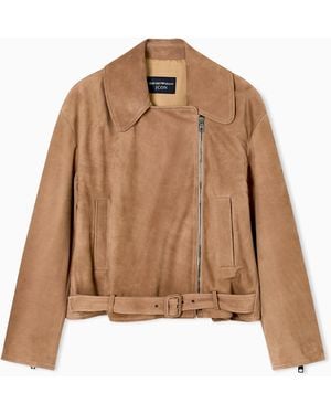 Emporio Armani Icon Nubuck Calf Leather Biker Jacket - Brown