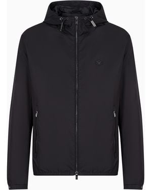 Emporio Armani Hooded, Water-Repellent Nylon Blouson With Logo Patch - Blue
