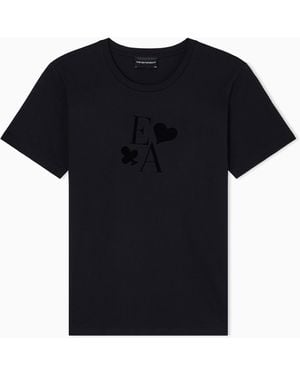 Emporio Armani Asv Organic-Jersey T-Shirt With A Flocked Logo Print - Black