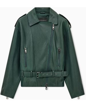 Emporio Armani Belted Leather Biker Jacket With An Asymmetrical Zip - Green
