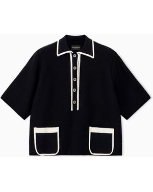 Emporio Armani Links Stitch Polo Shirt With Contrasting Trim And Pockets - Blue