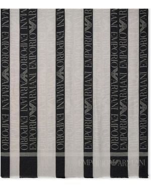 Emporio Armani Striped Jacquard Cotton Acetate Stole With Fringe And Logo - Black