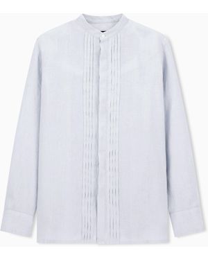 Emporio Armani Garment-Dyed Linen Shirt With Guru Collar And Pleated Detail - White