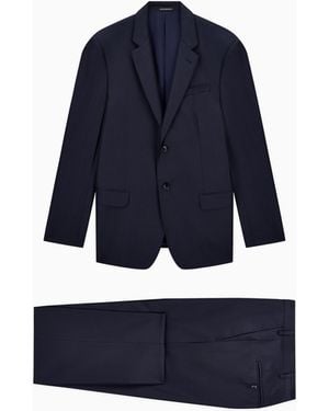 Emporio Armani Lined Virgin Wool And Silk Suit With Jacquard Micro Design - Blue
