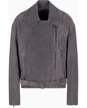 Emporio Armani Icon Biker-Jacke Aus Nubuk-Kalbsleder Mit Symbol - Grau