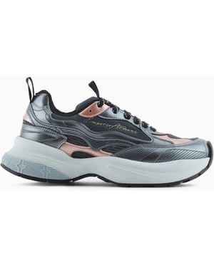 Emporio Armani Mesh Trainers With Laminated Details And Signature Logo - White