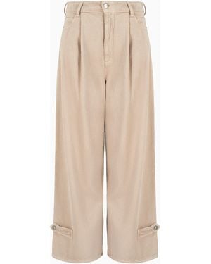 Emporio Armani Icon High-Waisted Drill Jeans With A Wide Leg And Pleats - Natural