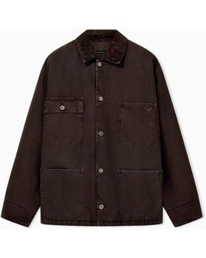 Emporio Armani Cotton Caban Coat With A Corduroy Collar And Patch Pockets - Brown