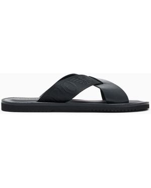 Emporio Armani Leather Cross-Over Sandals With Logo Tape - Blue