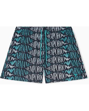 Emporio Armani Swim Shorts With All-Over Logo - Blue