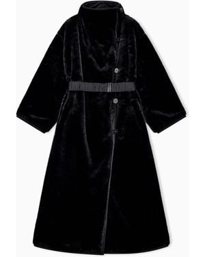 Emporio Armani Faux Fur Down Coat With High Collar And Waist Belt - Black