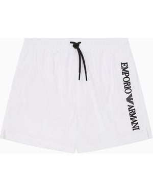 Emporio Armani Bañador Tipo Pantalón Corto Con Logotipo Vertical Bordado - Blanco