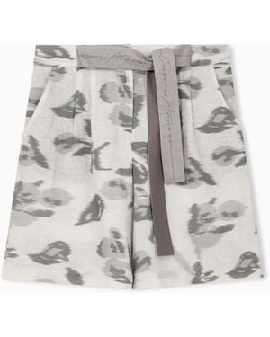 Emporio Armani Linen Bermuda Shorts With A Chiné Flower Print And Belt - White