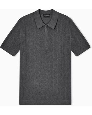 Emporio Armani Vertical Tuck-Stitch Jumper With Polo-Shirt Collar - Grey