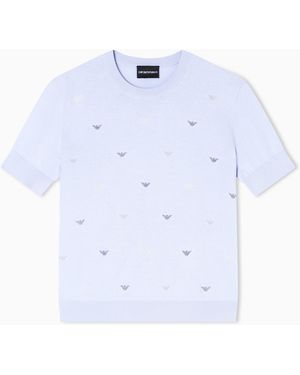 Emporio Armani Shaved Cotton Jumper With Allover Embroidery - Blue