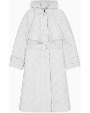 Emporio Armani Abrigo Largo Acolchado De Nailon Con Capucha Y Cinturón - Blanco