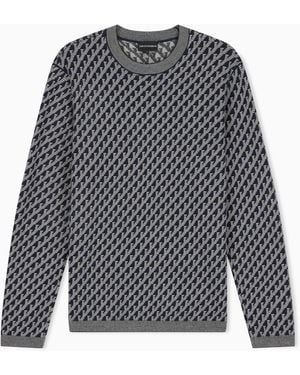 Emporio Armani Jacquard Virgin Wool Sweater With All-Over Logo - Gray