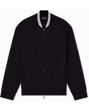 Emporio Armani Double-Jersey Zip-Up Sweatshirt With Bomber Jacket Collar And Eagle Patch - Blue