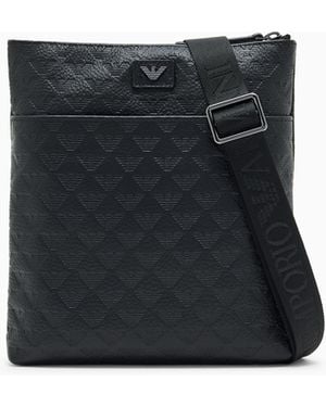 Emporio Armani Flache Umhängetasche Aus Leder Geprägt Mit Allover-Adler - Schwarz