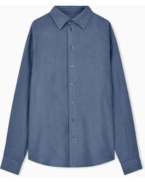 Emporio Armani Garment-Dyed Linen Shirt With French Collar - Blue