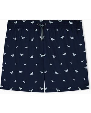 Emporio Armani Swim Shorts With All-Over Micro Eagle Embroidery - Blue