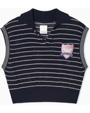 Emporio Armani Eagle Club Striped Open-Knit Gilet - Blue