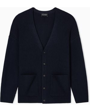 Emporio Armani Ribbed Wool-Blend V-Neck Cardigan - Blue