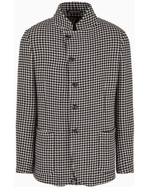 Emporio Armani Guru-collar Jacket With Off-center Fastening In Armure Virgin Wool With A Checkerboard Motif - Grey