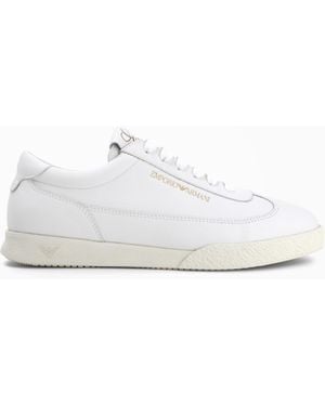 Emporio Armani Leather Trainers With An Embossed Logo And A Rubber Sole - White