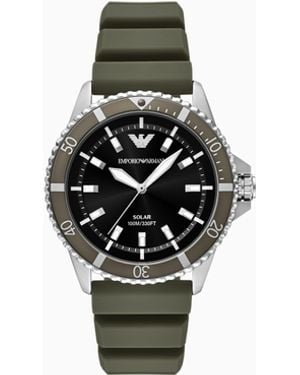 Emporio Armani Reloj Solar World Explorer Con Tres Manecillas Y Correa De Silicona Verde - Blanco