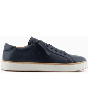 Emporio Armani Leather Trainers With A Contrasting Welt - Blue