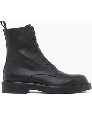 Emporio Armani Smooth Leather Lace-Up Combat Boots With Side Zipper - Black