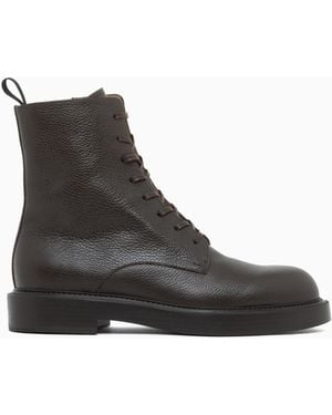 Emporio Armani Pebbled Leather Lace-Up Ankle Boots With Side Zipper - Black