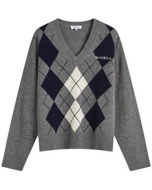 Sporty & Rich Serif Logo Argyle Jumper - Grey