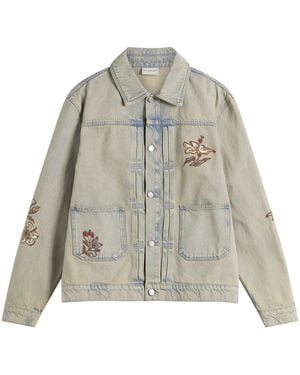 Drole de Monsieur Embroidered Flowers Patch Denim Jacket - Grey
