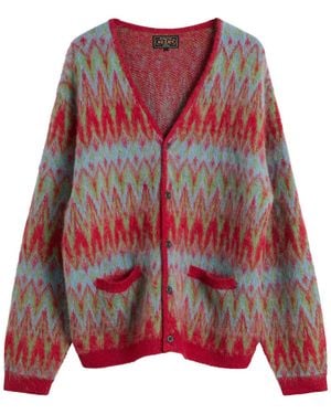 Beams Plus Jacquard Chevron Cardigan - Red