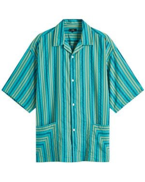 Beams Plus Stripe Open Collar Shirt - Blue